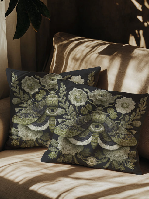 Luxury dark academia pillow cover in black featuring an embroidered-style veiled moth with an all-seeing eye, surrounded by intricate cream and sage florals and foliage, inspired by Victorian entomology and folklore. Square cushion, available in 18x18 or 22x22 inches, linen-feel premium polyester, double-sided print, hidden zipper.